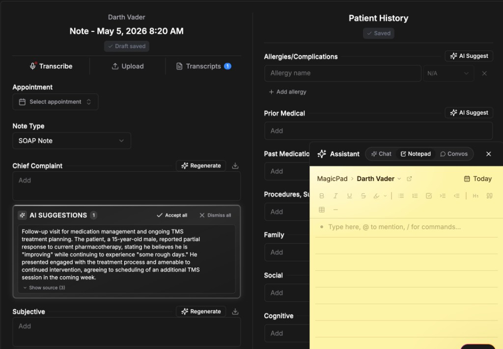 MagicPad scribing interface showing a patient note with AI suggestions alongside the MagicPad assistant panel